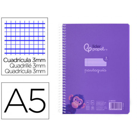 CUADERNO ESPIRAL LIDERPAPEL DIN A5 PAUTAGUIA TAPA PLASTICO 80H 90GR CUADRO PAUTADO 3 MM CON MARGEN C