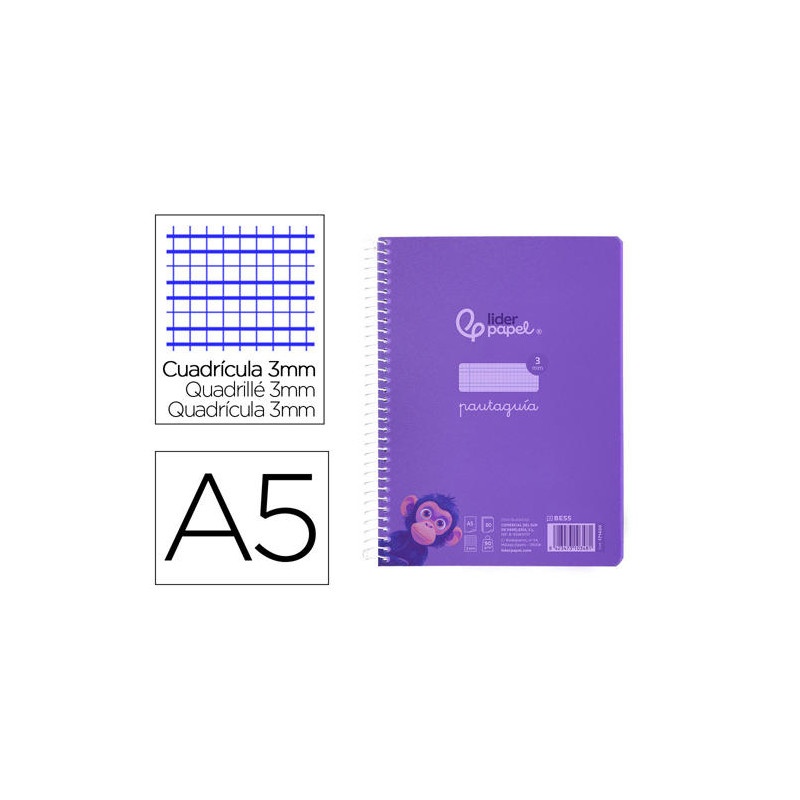 CUADERNO ESPIRAL LIDERPAPEL DIN A5 PAUTAGUIA TAPA PLASTICO 80H 90GR CUADRO PAUTADO 3 MM CON MARGEN C