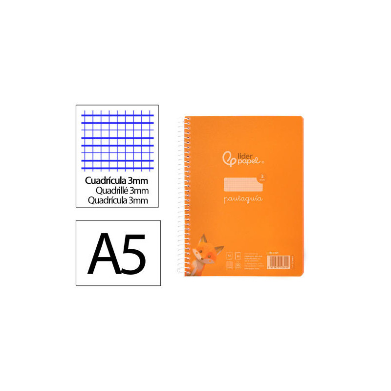 CUADERNO ESPIRAL LIDERPAPEL DIN A5 PAUTAGUIA TAPA PLASTICO 80H 90GR CUADRO PAUTADO 3MM COLOR NARANJA