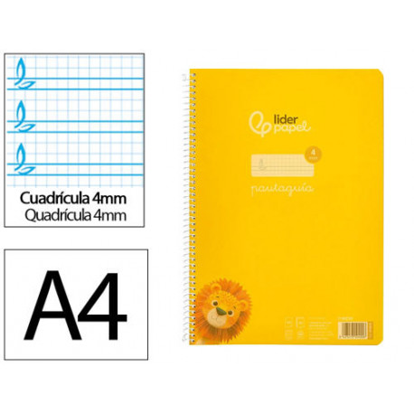 CUADERNO ESPIRAL LIDERPAPEL DIN A4 PAUTAGUIA TAPA PLASTICO80H 90GR CUADRO PAUTADO 4MM CON MARGEN COL