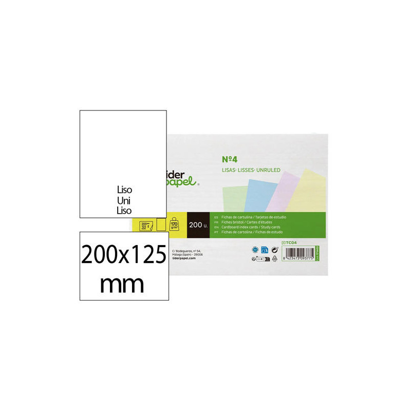 TARJETA LIDERPAPEL PARA ESTUDIAR LISA CARTULINA DE COLORES 170 GR/M2 125X200MM PAQUETE DE 200 UNIDAD