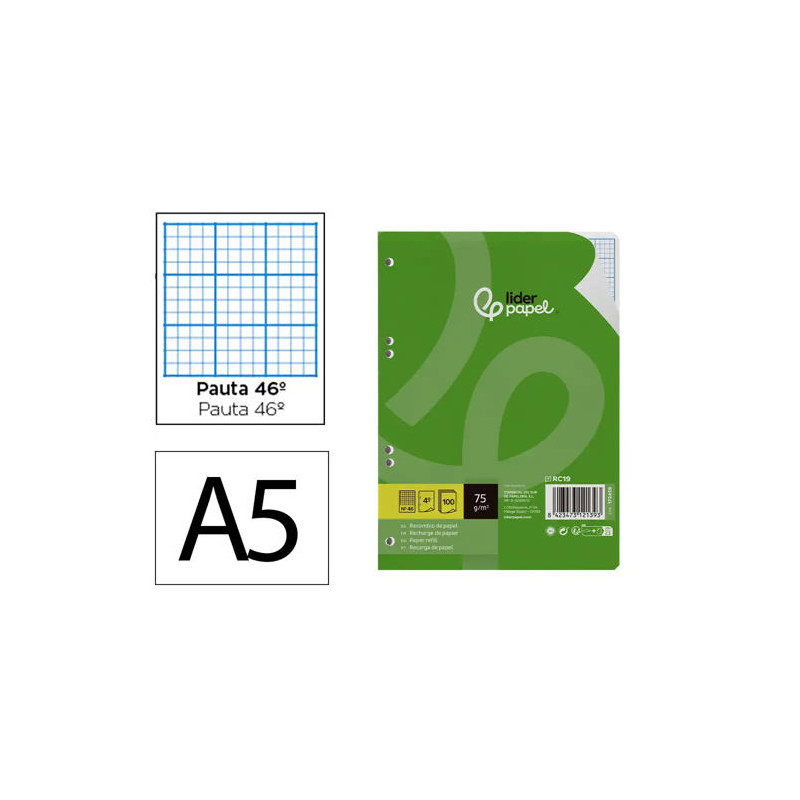 RECAMBIO LIDERPAPEL A5 100 HOJAS 75G/M2 RAYADO N46 6 TALADROS