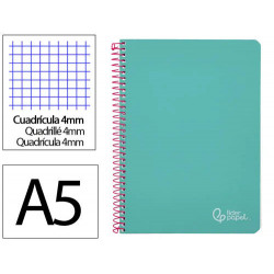 CUADERNO ESPIRAL LIDERPAPEL DIN A5 WITTY TAPA DURA 80H 90GR CUADRO 4MM CON MARGEN COLOR TURQUESA