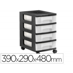 CAJONERA ARCHIVO 2000 4 CAJONES TRANSPARENTE CARCASA NEGRA 6 LITROS CON RUEDAS 390X290X480 MM