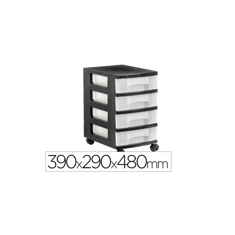 CAJONERA ARCHIVO 2000 4 CAJONES TRANSPARENTE CARCASA NEGRA 6 LITROS CON RUEDAS 390X290X480 MM